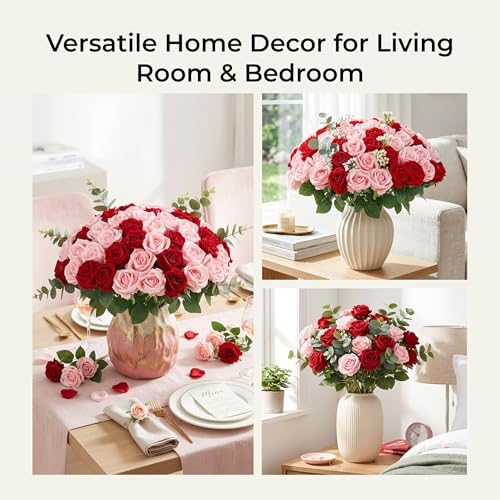 Auihiay 60PCS Artificial Roses, Pink and Red Roses, Velvet Silk Roses - Image 6