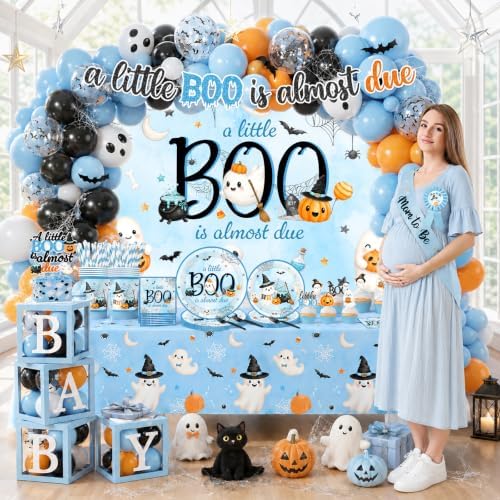 A Little Boo Is Almost Due Baby Shower Decorations - Blue Halloween Baby Shower Decorations for Boy Includes Plates,Napkins,Banner,Balloon Arch for Halloween Birthday Party - Image 2