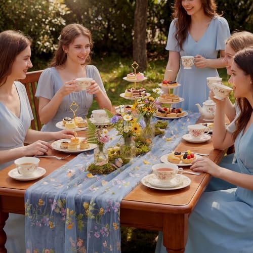 Blue Floral Table Runner 10ft Embroidery Wildflower, 10 Pcs - Image 4