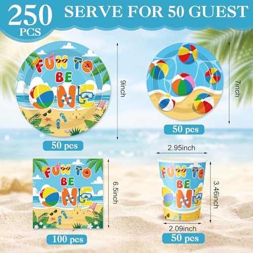 Pickmesh 250 Pcs Beach Ball Party Supplies Summer Beach Ball 1st Birthday Paper Plates Napkins and Cups Disposable Tableware Set Fun to Be One Party Decor for Hawaiian Pool First Birthday Serve 50 - Image 2