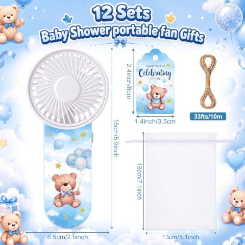 Capoda 12 Sets Baby Shower Handheld Fans Gifts Bulk Bear Baby Shower Party Favors Include Mini Portable Fan Thank You Cards and Organza Bags for Gender Reveal, Battery Operated (Excluding Batteries) - Image 2