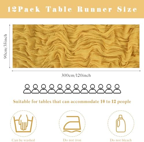 12 Pcs Mustard 35 x 120 Inches Long Cheesecloth Table Runner 10FT Runner for Tables Gauze Fabric Boho Table Runner Decoration Rustic Semi Sheer Runner for Wedding Baby Shower Birthday Party (Mustard) - Image 3