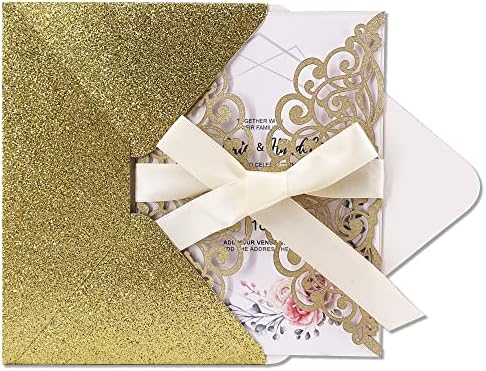 50Pcs Laser Cut Wedding Invitation With Glitter Envelopes And Ribbons Blank Personalized Card Invitaciones Para quinceañera Birthday Baby Shower Christmas Party Bridal Shower (Gold) - Image 5