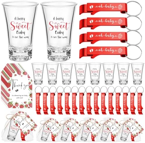 50 Sets Baby Shower Favors Shot Glasses Keychain Gifts, Strawberry, Red by Singhoow