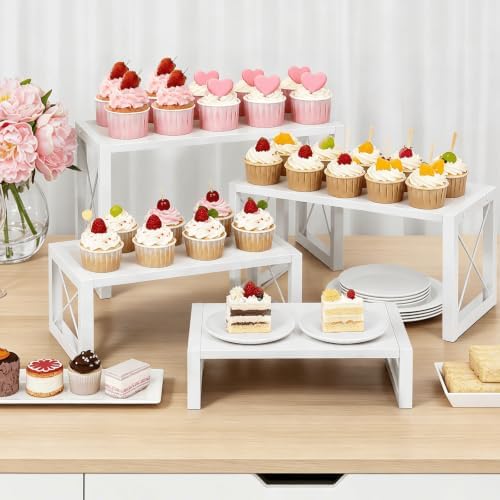 ELITEROO Tiered Display Stand, Wooden 4 Tier Display Risers, Nesting Cupcake Stand for Dessert, Food, Cupcake, Collectibles, Buffet Table, and Market Vendor Events Retail Shelf Organizer, White - Image 3