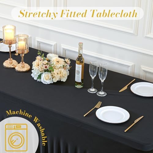 2 Pack Black Table Cloth for 8 Foot Rectangle Tables Spandex Fitted Tablecloth 8ft Stretch Table Covers Skirt Black Banquet Tablecloths Wrinkle Free Tablecloth for Party Wedding Birthday Event - Image 6