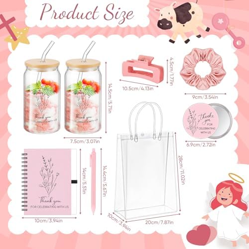 Zeyune 6 Sets Baby Shower Prizes for Wedding Bridal Shower Gifts Party Favors Including Glass Notebooks Ballpoint Pen Mirror Hairpins Hair Bands Gift Bag Thank You Cards(Pink,Classic) - Image 3