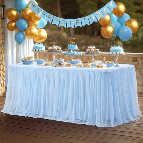 Wish Care 2 Pack Baby Blue Tulle Table Cloth for 6 Foot Rectangle Tables Wrinkle Free Stretch 6ft Light Blue Tablecloths Tutu Skirt Ruffle Fitted Table Cover for Birthday Baby Shower Party Tablecloth - Image 6