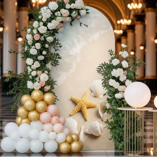 Ocean Arch Backdrop Cover 7.2 FT, Summer Beach Teal Sea Wave Starfish Seashells Beige Sand Wedding Arch Cover Stretchy Backdrop Stands Covers for Birthday Party Ceremony Banquet Decor - Image 3