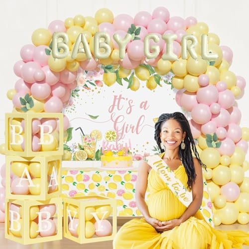 Costova Lemon Baby Shower Decorations, Its a Girl Baby Shower Party Decorations, Lemon Themed Backdrop Balloon Boxes Tablecloth Cake Topper Sash for Yellow Pink Lemon Party Supplies - Image 6