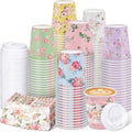 Mimorou 120 Sets Floral Coffee Cups 8oz Tea Party Cups Disposable Fancy Coffee Cup with Lids and Sleeves Flower Designs Hot Cup for Tea Party Wedding Baby Shower Supplies by Mimorou