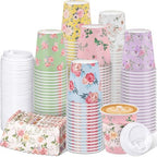 Mimorou 120 Sets Floral Coffee Cups 8oz Tea Party Cups Disposable Fancy Coffee Cup with Lids and Sleeves Flower Designs Hot Cup for Tea Party Wedding Baby Shower Supplies by Mimorou