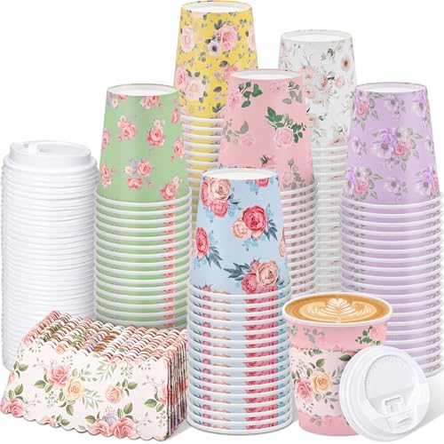 Mimorou 120 Sets Floral Coffee Cups 8oz Tea Party Cups Disposable Fancy Coffee Cup with Lids and Sleeves Flower Designs Hot Cup for Tea Party Wedding Baby Shower Supplies by Mimorou