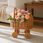 HAOPAIXW 15.7" Wicker Baby Carriage for Baby Shower, Woven Rattan Stroller Basket with 2 Artificial Flower Bouquets, Vintage Floral Centerpiece Planter Gender Reveal Basket (Basket+Flower Bouquets) - Image 3