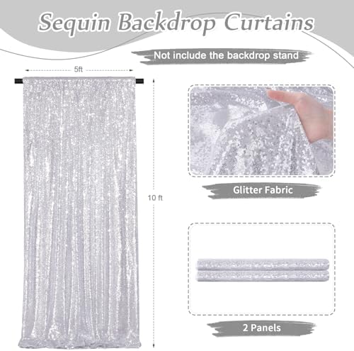 Silver Backdrop Curtains 2 Pieces 5FTx10FT Sequin Backdrop Decor for Party Wedding Christmas Background - Image 3