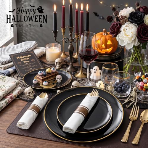 KIRE 100PCS Black and Gold Plates - Black Plastic Plates Disposable with Gold Rim Include 50Pcs 10.25inch Dinner Plate and 50Pcs 7.5inch Dessert/Salad Plate for Party/Wedding/Halloween - Image 3