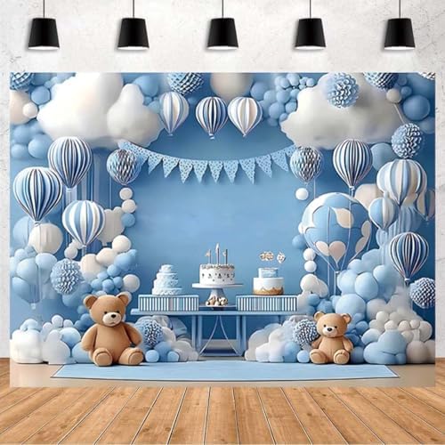 Blue Hot Air Balloon Bear Baby Shower Birthday Backdrop Newborn Baby Blue Birthday Background Party Decoration for Boys Girls Perfect for Indoor/Outdoor Parties, Weddings & More (A, 8x6feet) - Image 5