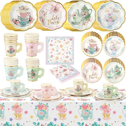Yungyan 193 Pcs 48 Set Floral Tea Party Supplies, Tea Party Plates and Napkins Set with Tablecloth, Disposable Handle Teacups and Saucers for Birthday Wedding Bridal Shower Decorations (Elegant Style) by Yungyan