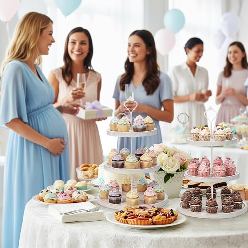 Lallisa 2 Pack 3 Tier Cupcake Stand, Wooden White Rustic Tiered Treat Stand for Wedding, Round Dessert Display Table Serving Tray, Cake Tower Holder for Bridal Baby Shower Birthday Party Farmhouse - Image 6