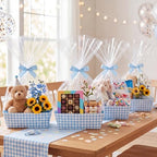 FoldTier 10 Pack Blue White Gingham Baskets for Gifts Empty 10" x 12" Thick Kraft Gift Basket with 10 Bows 10 Bags Empty Paper Baskets for Baby & Bridal Shower Wedding Birthday Party Wrapping - Image 4