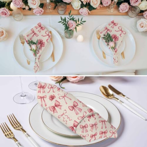 Pink Ribbon Bow Cloth Napkins Set of 8, Fantasy Sweet Bows Abstract Vintage Beige Washable Reusable Dinner Cocktail Napkin for Kitchen Party Wedding Banquet Holiday Baby Shower Table Decor - Image 3