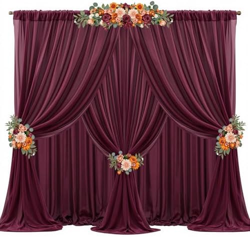 30ft x 10ft Burgundy Backdrop Curtains, Wrinkle-Free Sheer Chiffon Fabric Photo Backdrop Drapes for Wedding Arch Party Ceremony Stage Photography Decorations by WishCare
