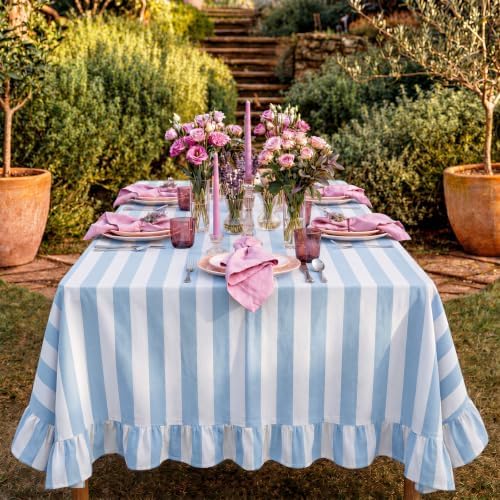 Tudomro Striped Tablecloth, Rectangle, Baby Blue, White, 84'' X 60'' - Image 5