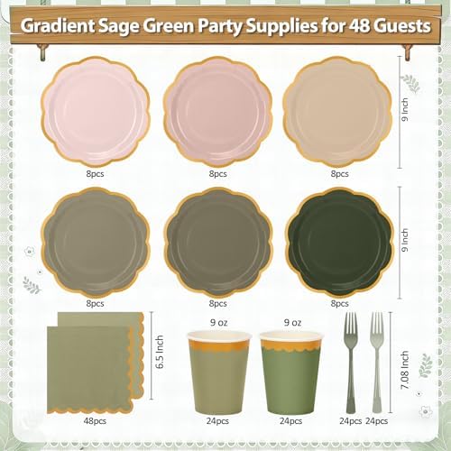 Sage Green Plates and Napkins Party Supplies for 48 Guests, Disposable 9’’ Gradient Pink and Green Scalloped Paper Plates Tableware Set for Birthday Party, Wedding, Baby Shower Decorations - Image 2
