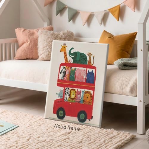 Wrapped Framed Cute Colorful Animal Canvas Wall Art Modern Funny Kids Posters Safari Animals On Red Bus Scene Prints For Toddler Bedroom Nursery Wall Decor 16x20 inch - Image 4