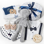 TUZT Baby Shower Gifts for Boys, 9PCS Baby Boy Gifts Baskets with Plush Bear/Blanket/Onesie/Wooden Rattle, Newborn Essential Stuff, Gender Reveal Ideas Infant Newborn Baby Gift Basket by TUZT-US