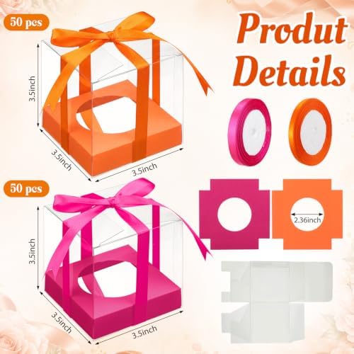 Gerrii 100 Pcs Clear Plastic Individual Cupcake Boxes 3.5" Single Cupcake Containers Transparent Ornament Gift Box with Inserts and Ribbon for Wedding Baby Shower Party Favor (Orange and Hot Pink) - Image 2