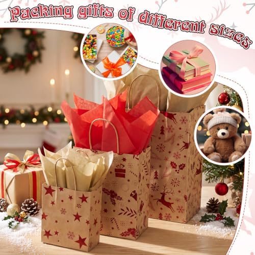 Humyoun 24 Pack Christmas Paper Gift Bags Bulk Assorted Sizes, Khaki,Red - Image 5