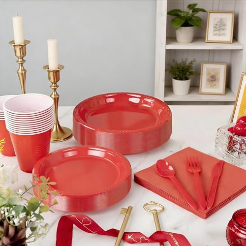 WELLIFE 210Pcs Red Plastic Plates,Party Plates and Cups and Napkins Sets - Image 5
