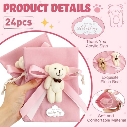 Shinylin 24 Pcs Bear Gift Bag Bulk for Baby Shower Guest Favor 5.3 x 7.1 Inches Candy Cute Plush Bear Drawstring Bag with Bow Thank You Acrylic Sign for Baby Boy Girl Party Decorations(Pink) - Image 3