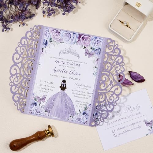50PCS Wedding Invitation, Purple Hollow Laser Cut Custom Invitations - Image 2