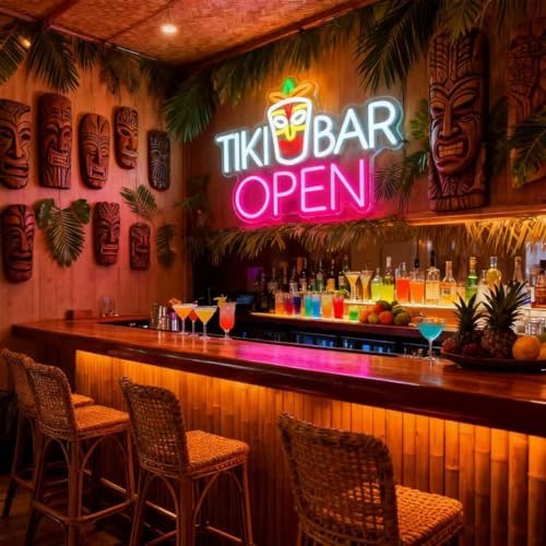 Tiki Bar Neon Sign, Tiki Bar Led Light Signs for Wall Decor Open Hawaii Tropical Luau Party Decorations for Pub Bistro Night Club Home Man Cave Dimmable USB Powered Pink(16.9"*11.4") - Image 2