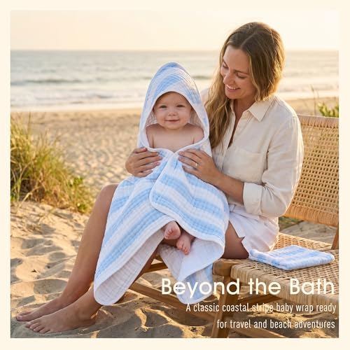 Organic Muslin Hooded Baby Bath Towel 4pc for Newborn - Blue Stripe - Image 5