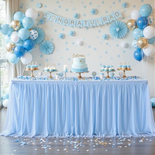 Baby Blue Tablecloths for 8 Foot Rectangle Tables Tulle Tablecloth Fitted Light Blue Table Cloth Rectangle 8ft Stretch Spandex Table Covers for Baby Shower Boy Birthday Party Banquet Desk Table Skirt by HBBMAGIC