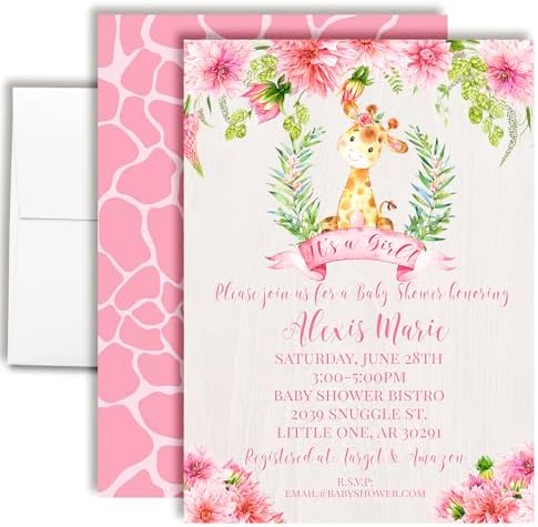 Amanda Creation Custom Baby Shower Invites Pink Dahlia Flowers Giraffe Invitations 20 5x7 Personalized Invites With Envelopes by AmandaCreation
