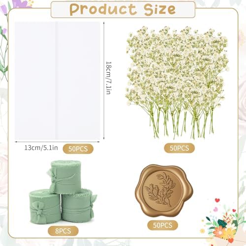 Hysagtek 50 Set Wedding Invitation Wrap Kit - Pre-Folded Vellum Jackets Bulk for 5 x 7 Invitations, Chiffon Ribbon Gold Wax Seal Stickers Dried Gypsophila for Bridal Invite Baby Shower DIY Craft - Image 2