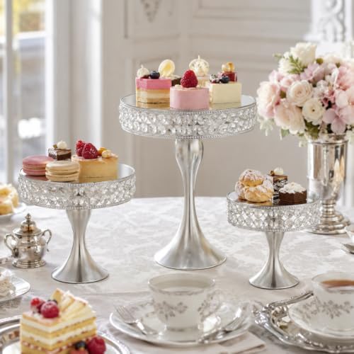 3 Pcs Cake Display with Mirror, Wedding Crystal Cake Stands for Reception - Image 4
