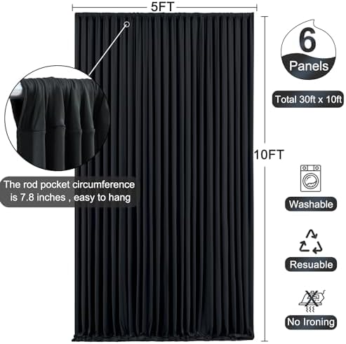 6 Panels Black Backdrop Curtain for Parties Black Wrinkle Free 30ft x 10ft Backdrop Drapes for Birthday Party Wedding Photo Photography Polyester Fabric Background Decoration - Image 6