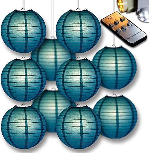 PaperLanternStore.com 10" Tahiti Teal Paper Lantern Party Pack with Remote Controlled LED Lights (10-Pack Combo Kit) by Fantado+Party+%26+Event+Lighting