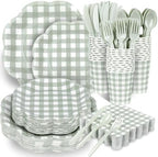 400 Pcs Gingham Party Supplies for 50 Guests Sage Green and White Scalloped Paper Plates and Napkins Knives Spoons Forks Cups Disposable Checkered Dinner Party Set for BBQ Baby Shower Wedding by Unknown