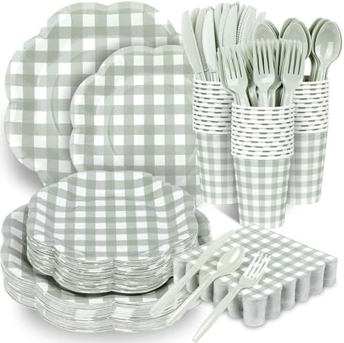 400 Pcs Gingham Party Supplies for 50 Guests Sage Green and White Scalloped Paper Plates and Napkins Knives Spoons Forks Cups Disposable Checkered Dinner Party Set for BBQ Baby Shower Wedding by Unknown