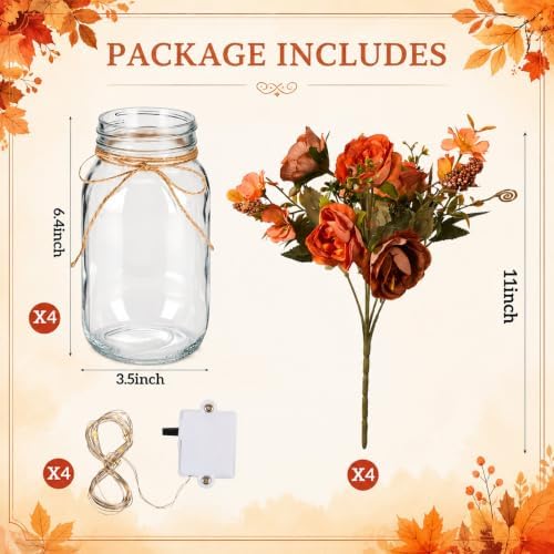 4 Sets Rose Flower Mason Jar Centerpiece with LED Lights for Wedding - Image 2