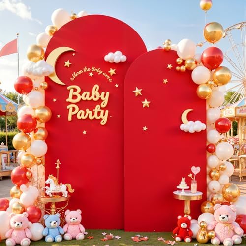 Red Arch Cover 2 Set-7.2 and 6ft Red Arch Backdrop Cover Spandex Fitted Christmas Arch Stand Covers Stretchy Backdrop for Birthday Party Baby Shower Bridal Shower Wedding Banquet Photo Background - Image 2
