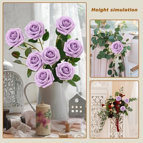Artificial Flowers Realistic Roses, 100pcs Real Looking Fake Roses with Stem for DIY Wedding Bouquets Centerpieces Bridal Shower Party Home Romantic Decorations (Light Purple) - Image 4