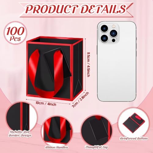 Yeaqee 100 Pcs Mini Paper Gift Bags with Handles Tag, Black, Red - Image 2