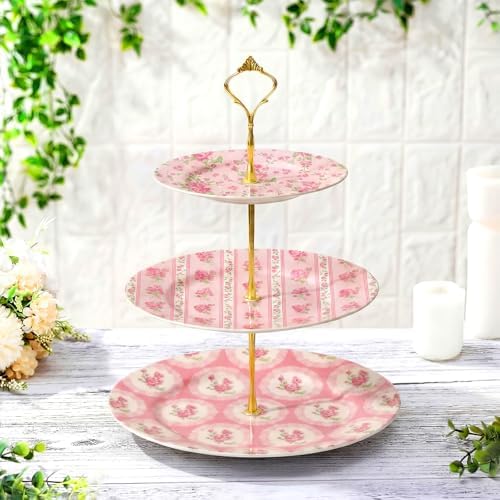 Lallisa 3 Tier Tea Party Cake Stand 10", 9" and 7" Ceramic Shabby Floral Dessert Stand with Metal Rack Coquette Cupcake Tower for Wedding Bridal Shower Baby Shower Decoration by Lallisa